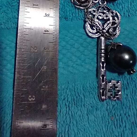 Silver Key Rose Pendant Charm with Black Accents - Picture 2 of 2